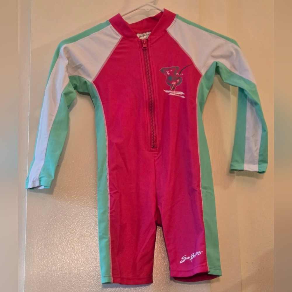 SunBusters Kids Long Sleeve Rashguard Swim Suit- Pink Green UPF50+ Size 4-5 NWT